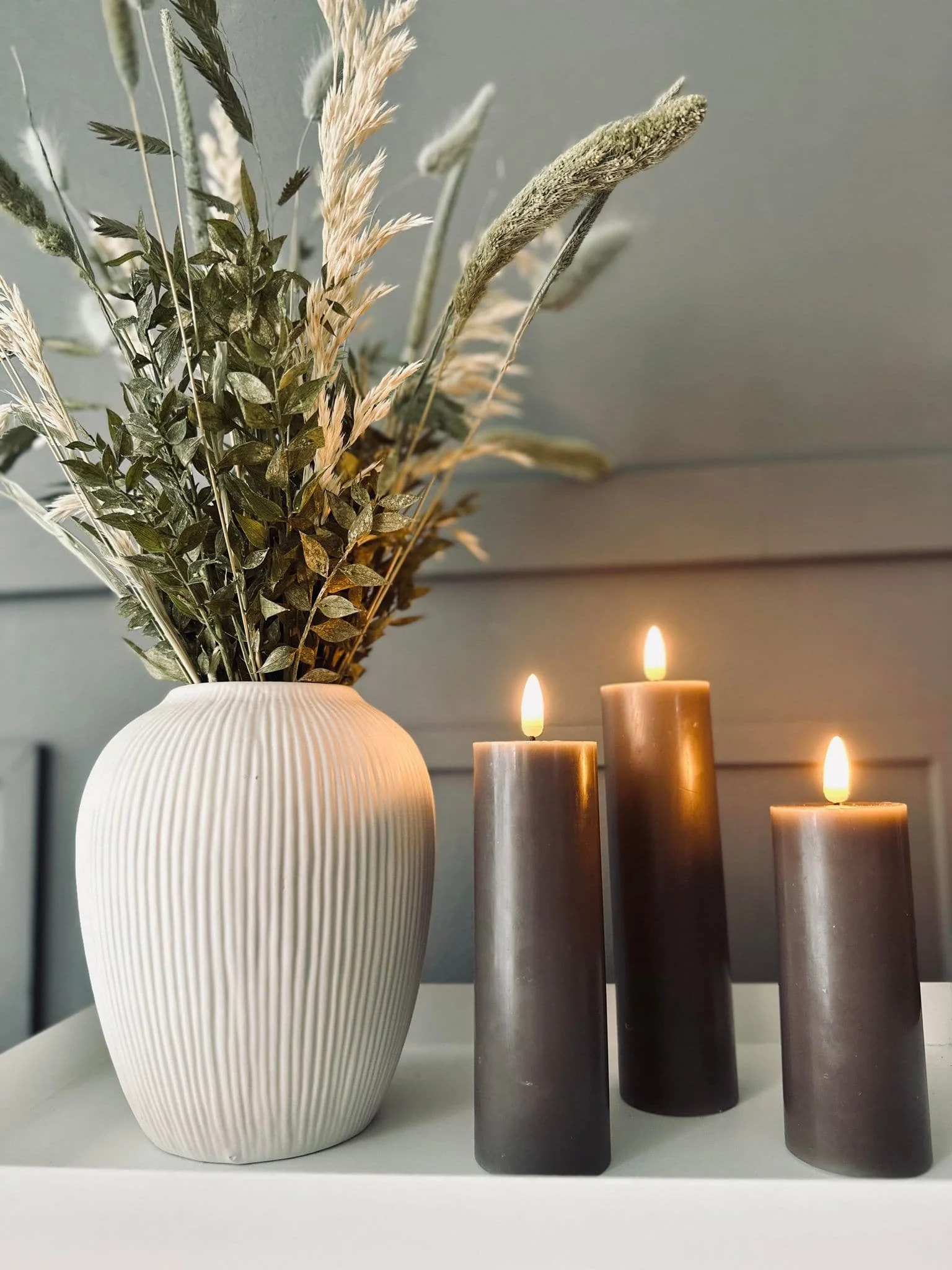 LED Bloklys / Taupe grå 3 stk – Inkl. fjernbetjening